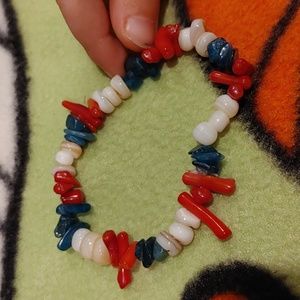 Handcrafted - red coral, white shell, & blue lapis lazuli stretchy bracelet